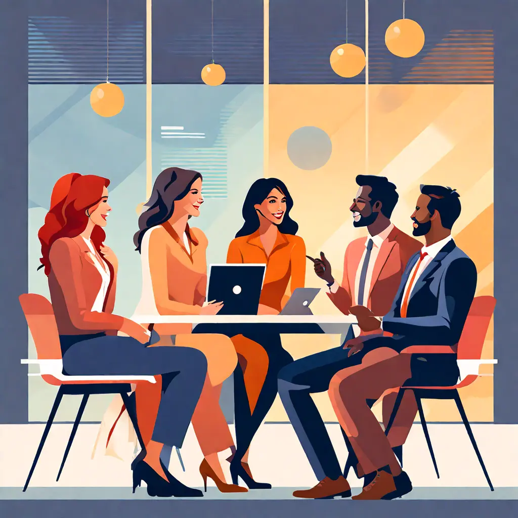 simple abstract illustration of  A diverse group of employees discussing feedback in a meeting, warm colours, nice images, simple faces