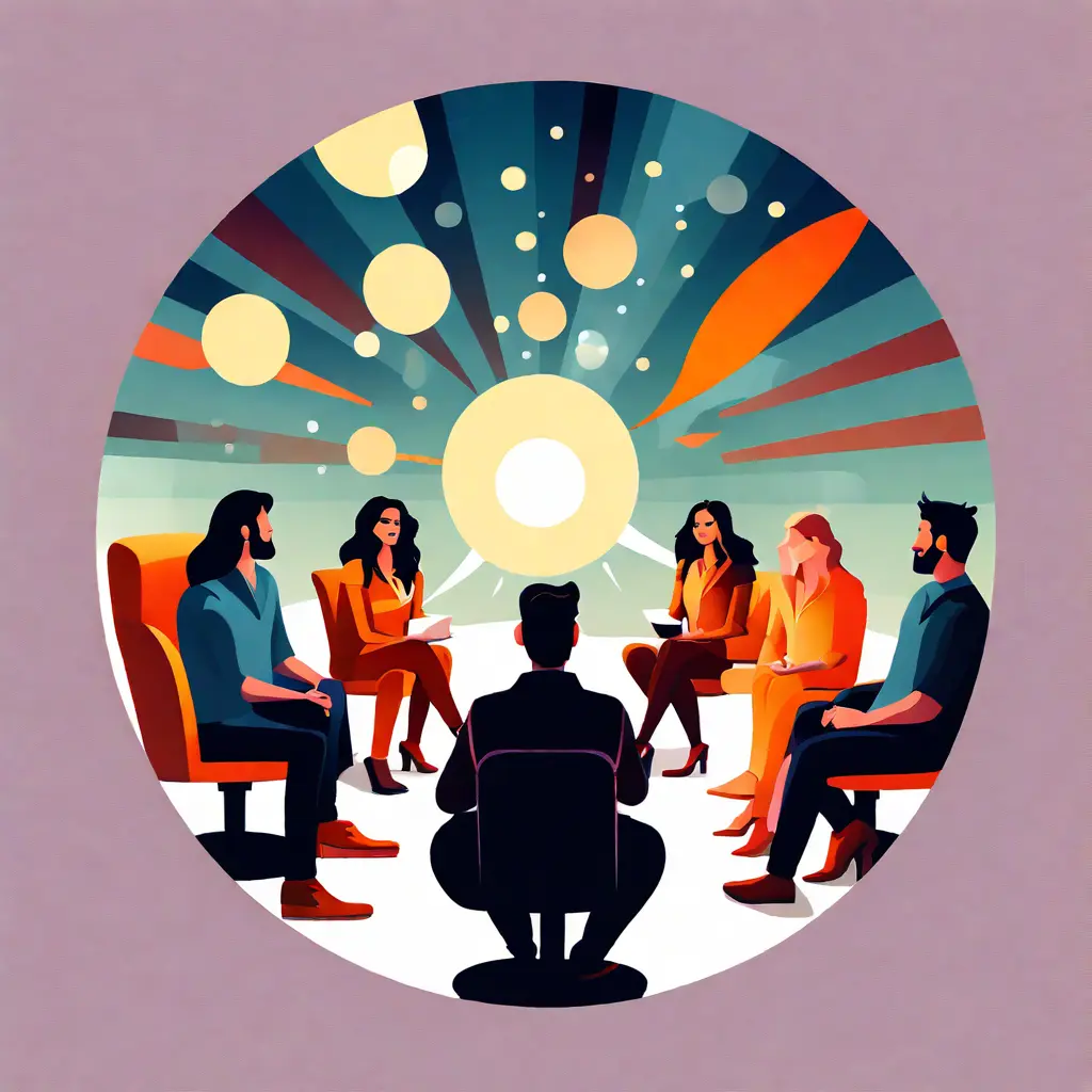simple abstract illustration of  A group of employees sitting in a circle giving feedback to each other, warm colours, nice images, simple faces