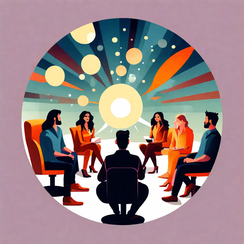simple abstract illustration of A group of employees sitting in a circle giving feedback to each other, warm colours, nice images, simple faces simple abstract illustration of A group of employees sitting in a circle giving feedback to each other, warm colours, nice images, simple faces