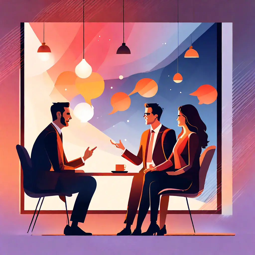 simple abstract illustration of  A manager and employee having a one-on-one feedback discussion, warm colours, nice images, simple faces
