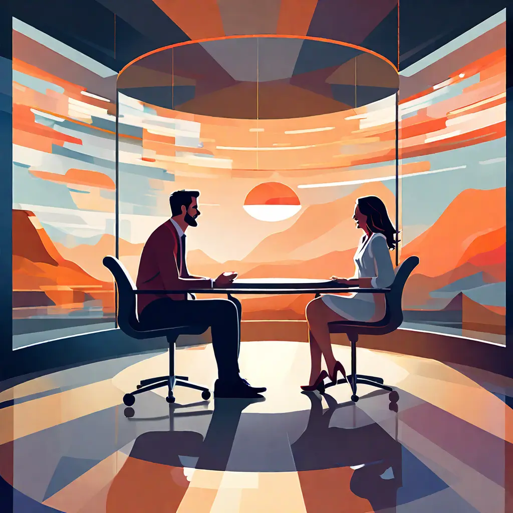 simple abstract illustration of  A manager discussing 360 feedback with an employee in a conference room, warm colours, nice images, simple faces