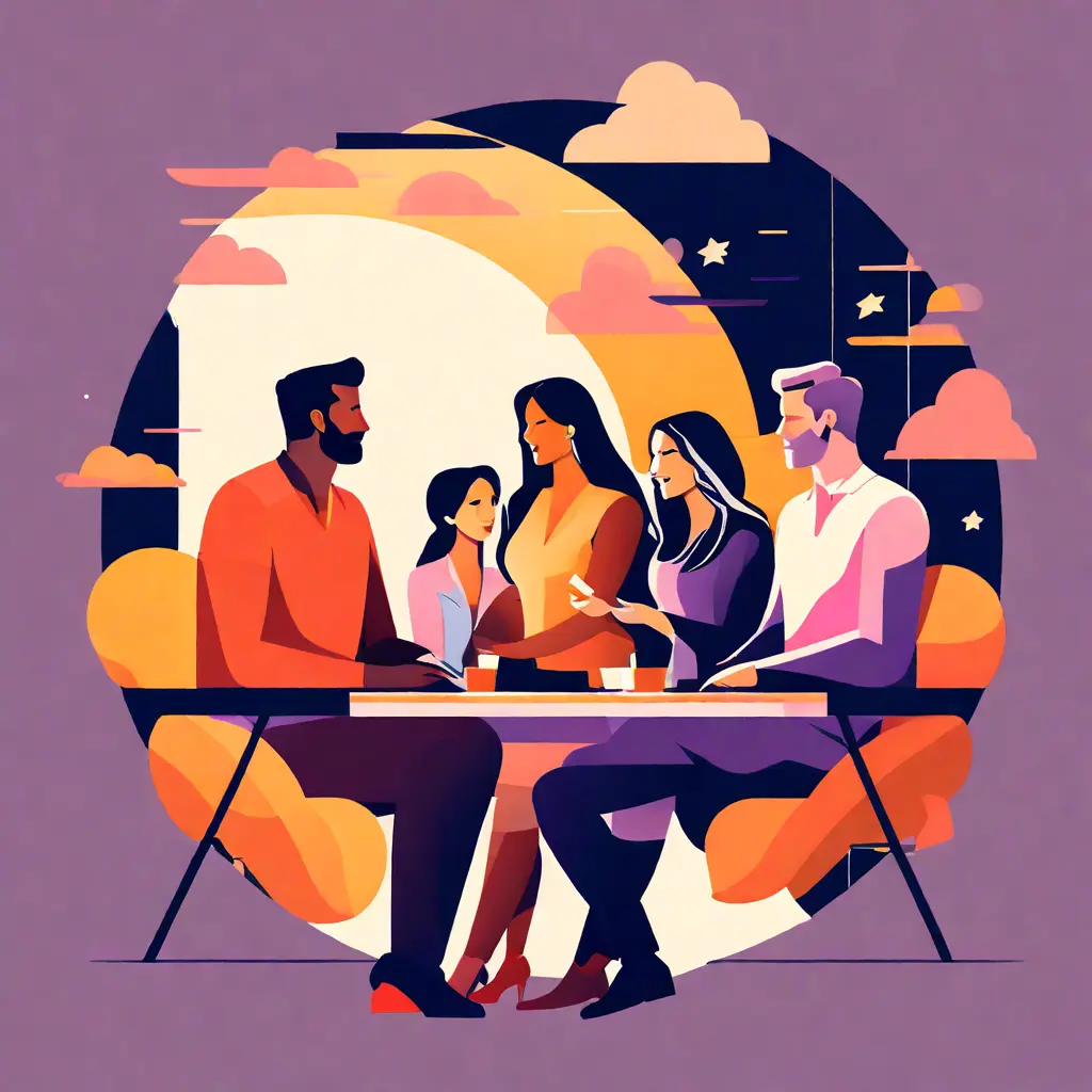 simple abstract illustration of  A team collaborating on a project after receiving feedback, warm colours, nice images, simple faces