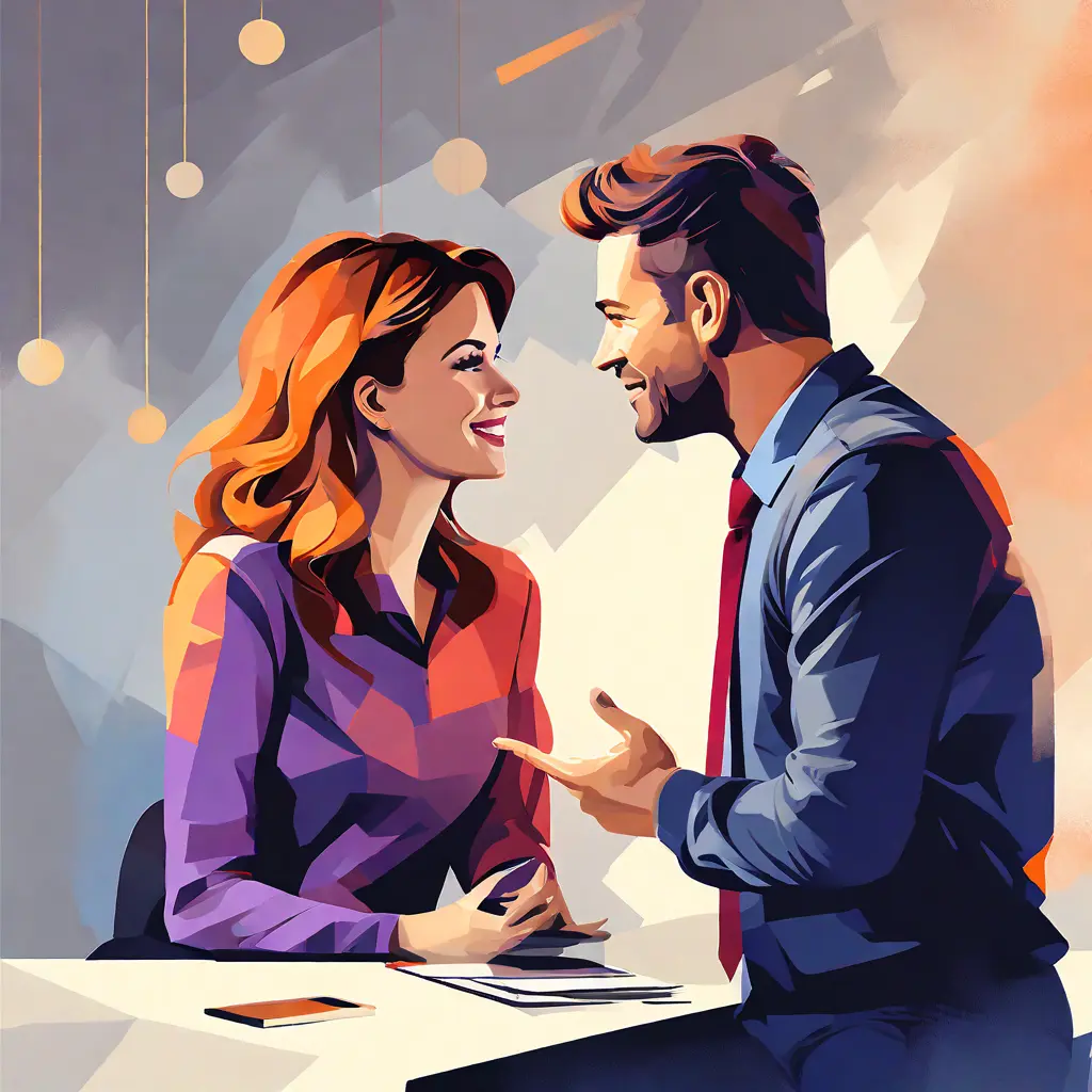 simple abstract illustration of A team leader providing constructive feedback to an employee, warm colours, nice images, simple faces simple abstract illustration of A team leader providing constructive feedback to an employee, warm colours, nice images, simple faces