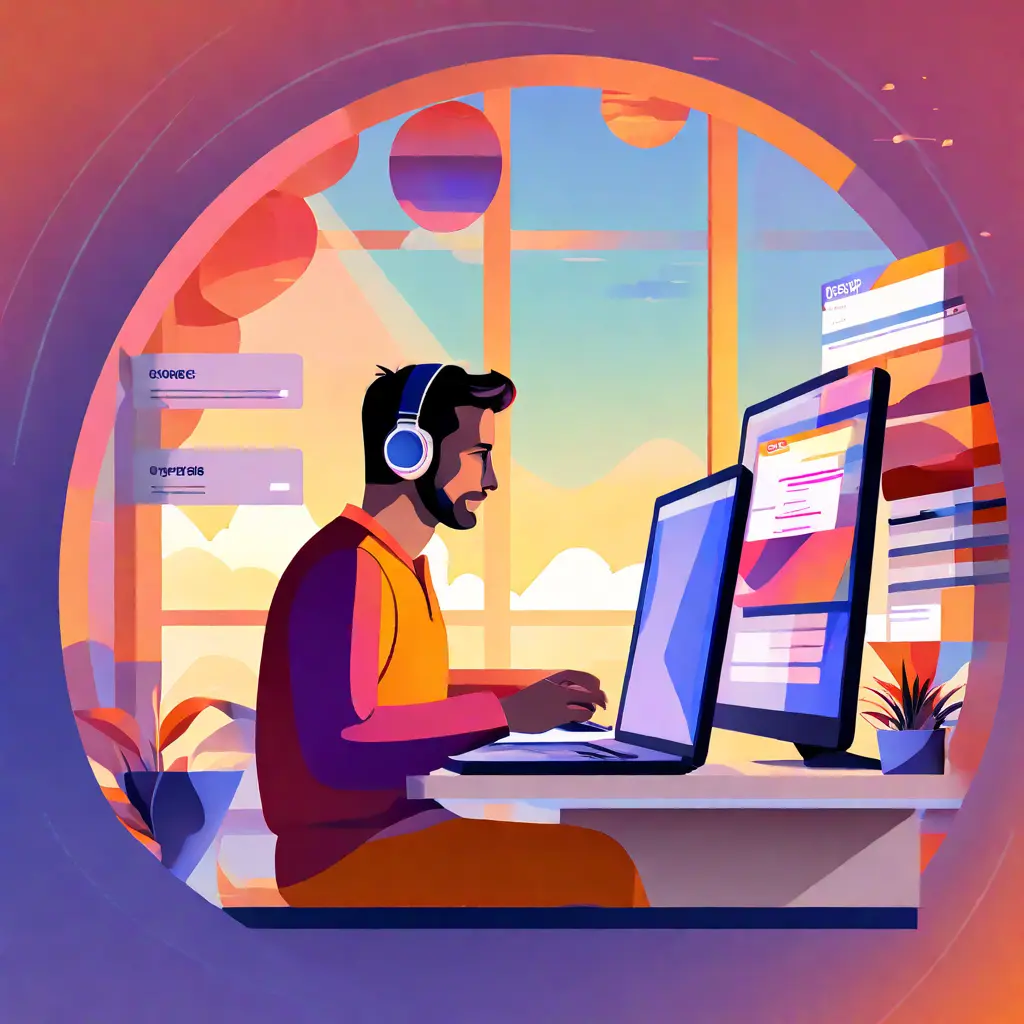 simple abstract illustration of  An employee filling out a 360 feedback form on their computer, warm colours, nice images, simple faces