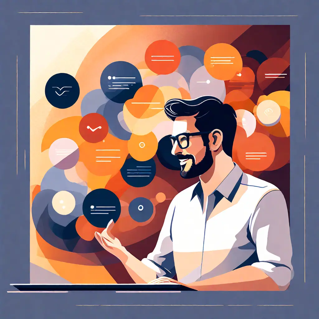 simple abstract illustration of  An employee implementing feedback into their work tasks, warm colours, nice images, simple faces