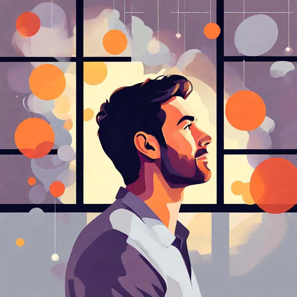 simple abstract illustration of  An employee reflecting on feedback received during a break, warm colours, nice images, simple faces