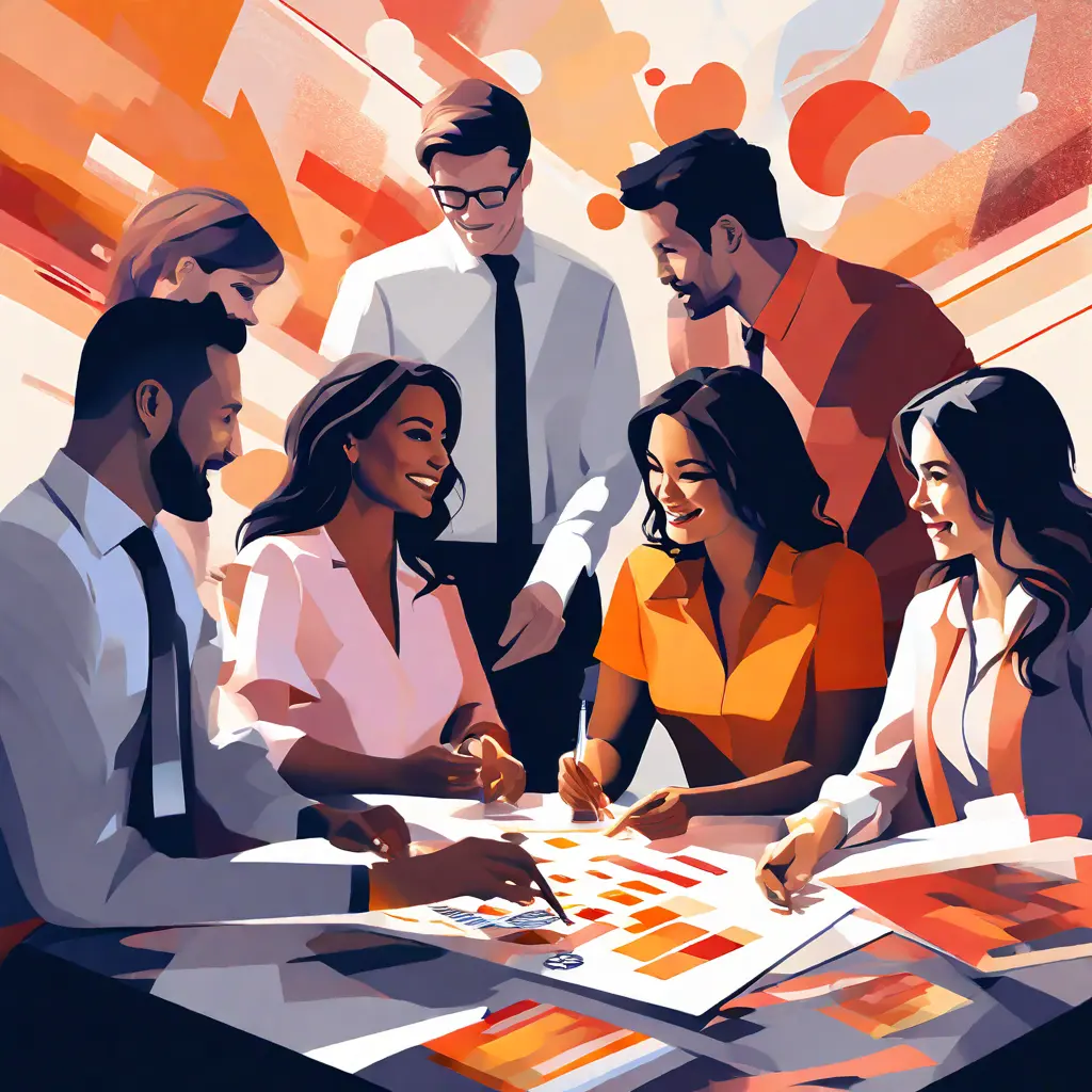 simple abstract illustration of  A group of diverse employees collaborating on a project, warm colours