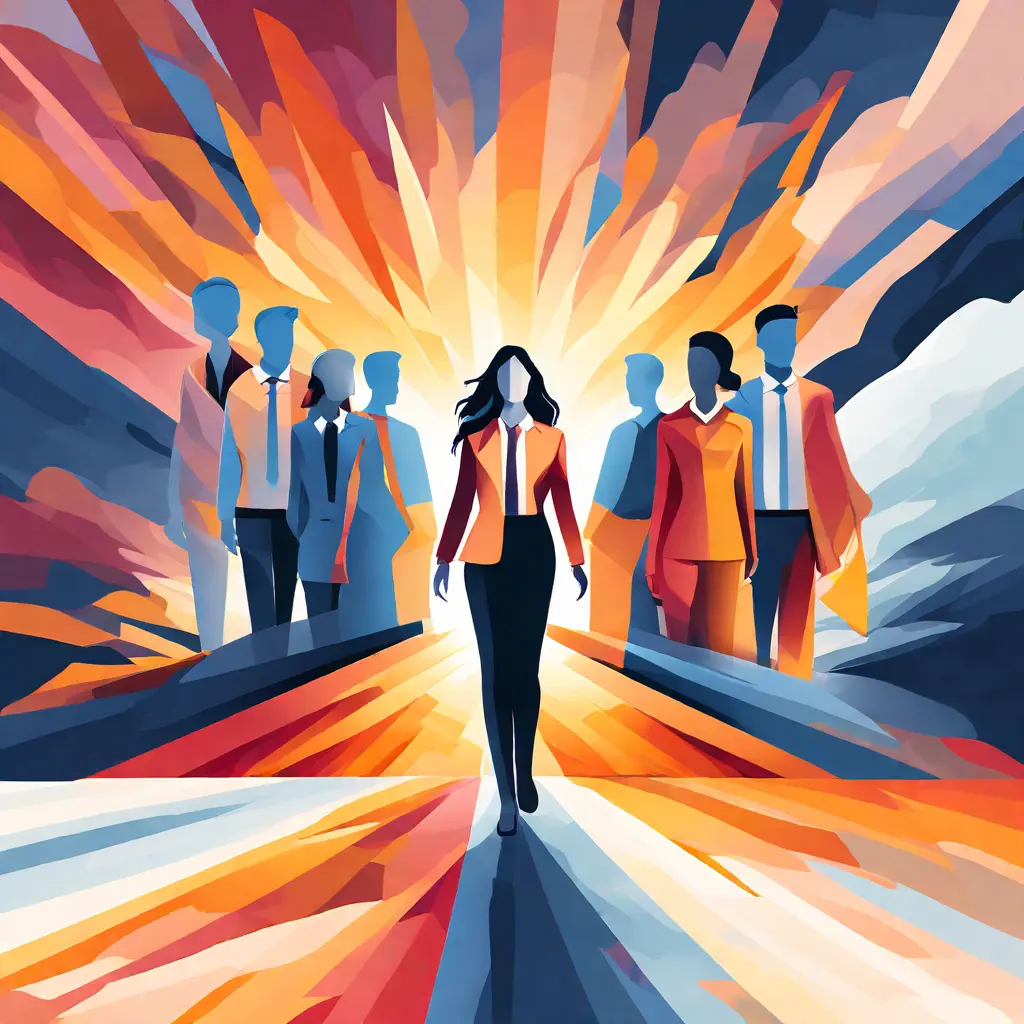 simple abstract illustration of A leader empowering team members to make decisions, warm colours simple abstract illustration of A leader empowering team members to make decisions, warm colours