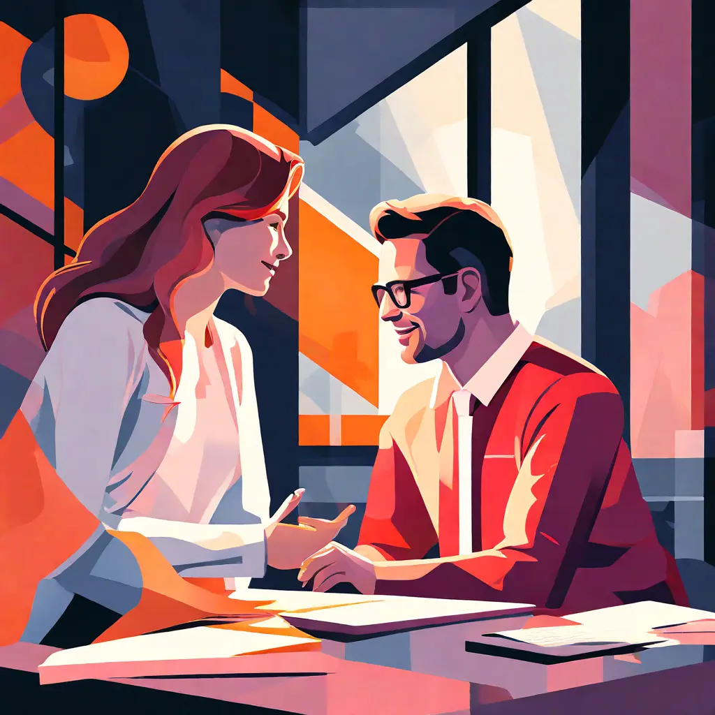 simple abstract illustration of  A team member mentoring a new employee, warm colours