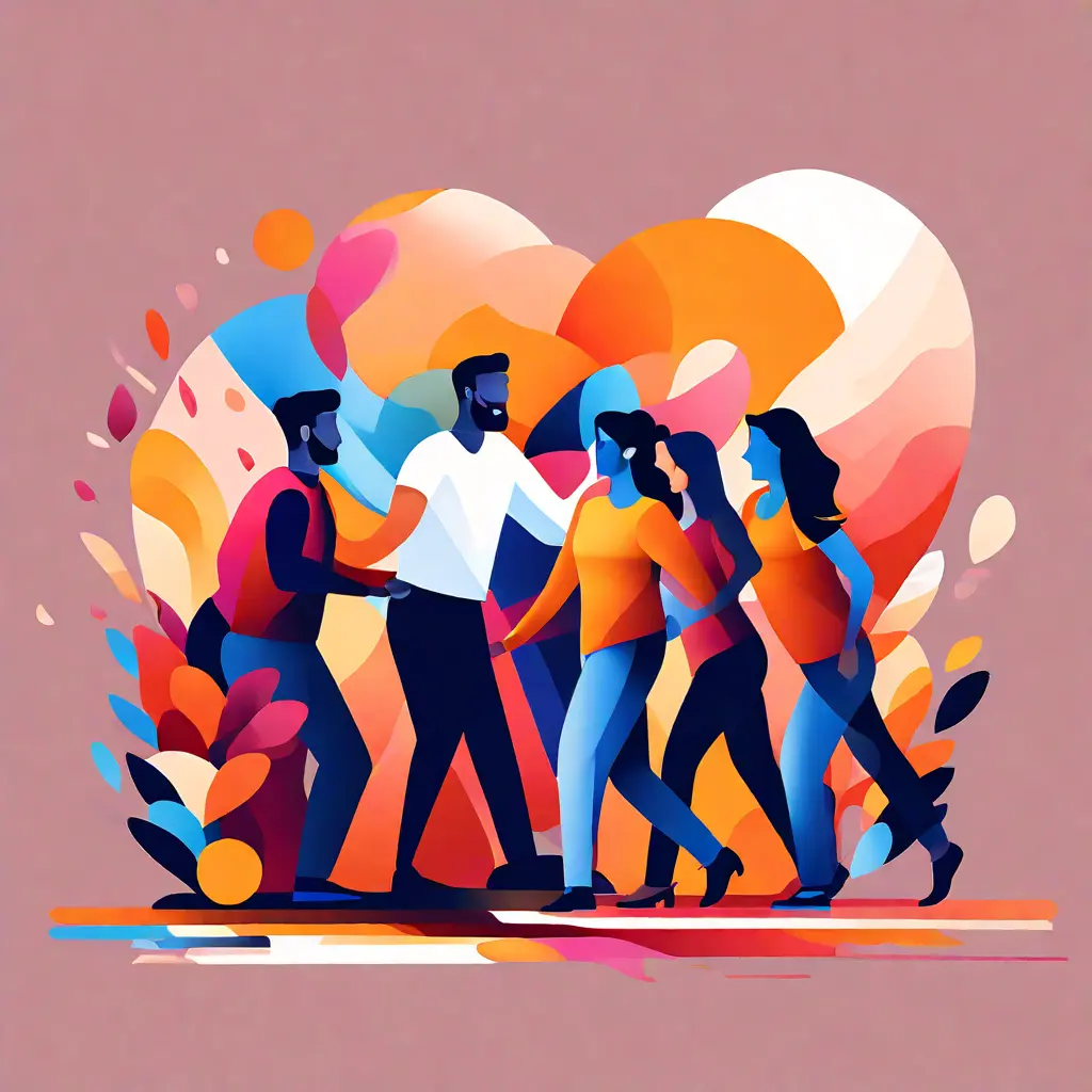 simple abstract illustration of A team participating in a team-building activity, warm colours simple abstract illustration of A team participating in a team-building activity, warm colours