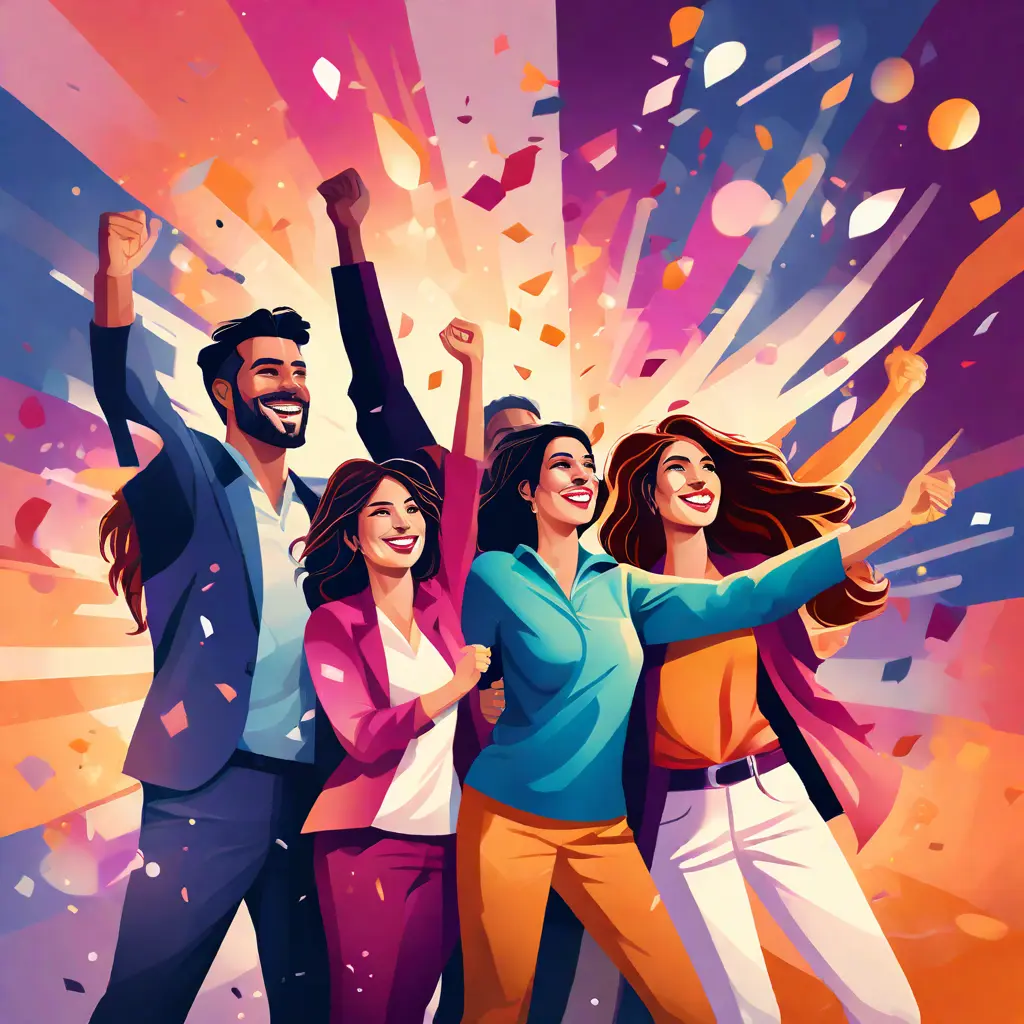simple abstract illustration of  Team members celebrating a successful project completion, warm colours