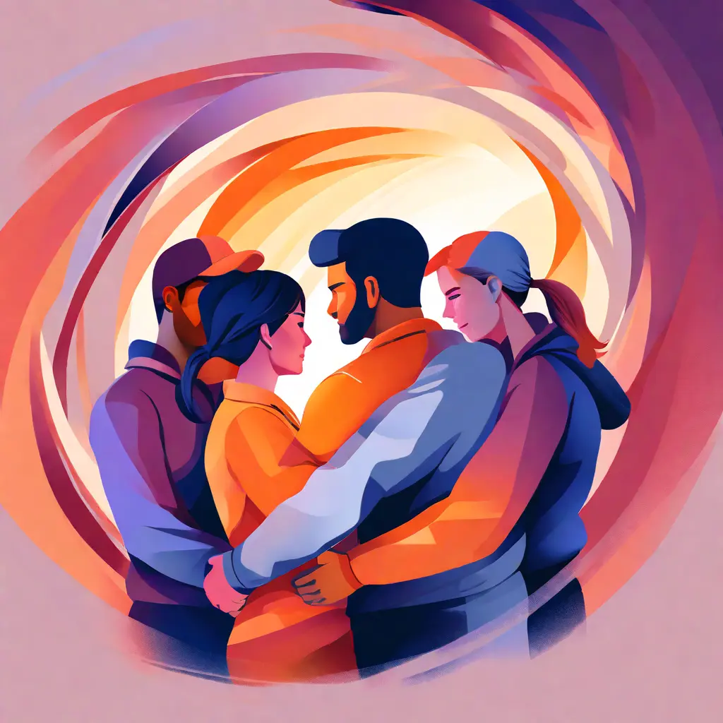 simple abstract illustration of  Team members supporting each other during a challenging task, warm colours