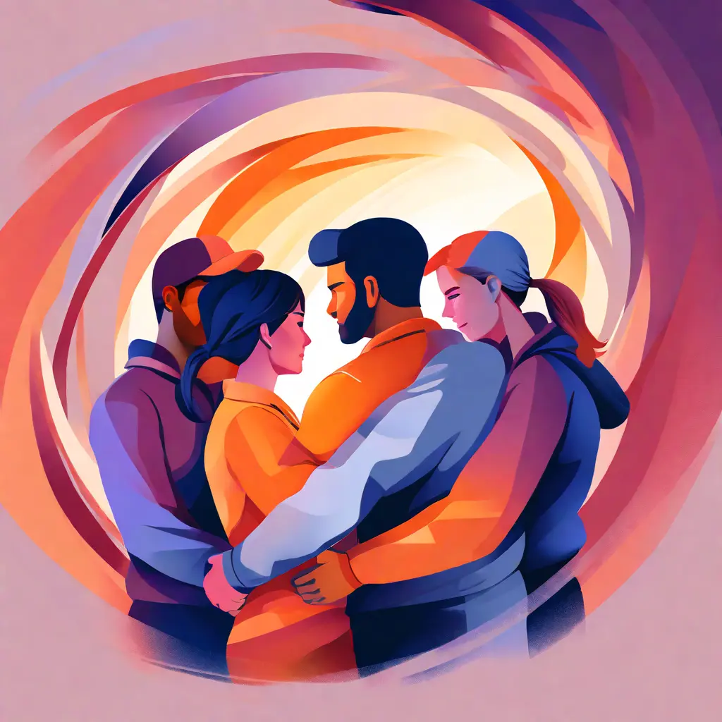 simple abstract illustration of Team members supporting each other during a challenging task, warm colours simple abstract illustration of Team members supporting each other during a challenging task, warm colours