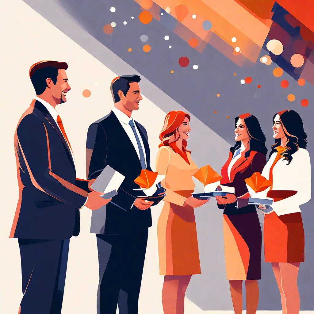 simple abstract illustration of  Employee recognition ceremony or award presentation, warm colours