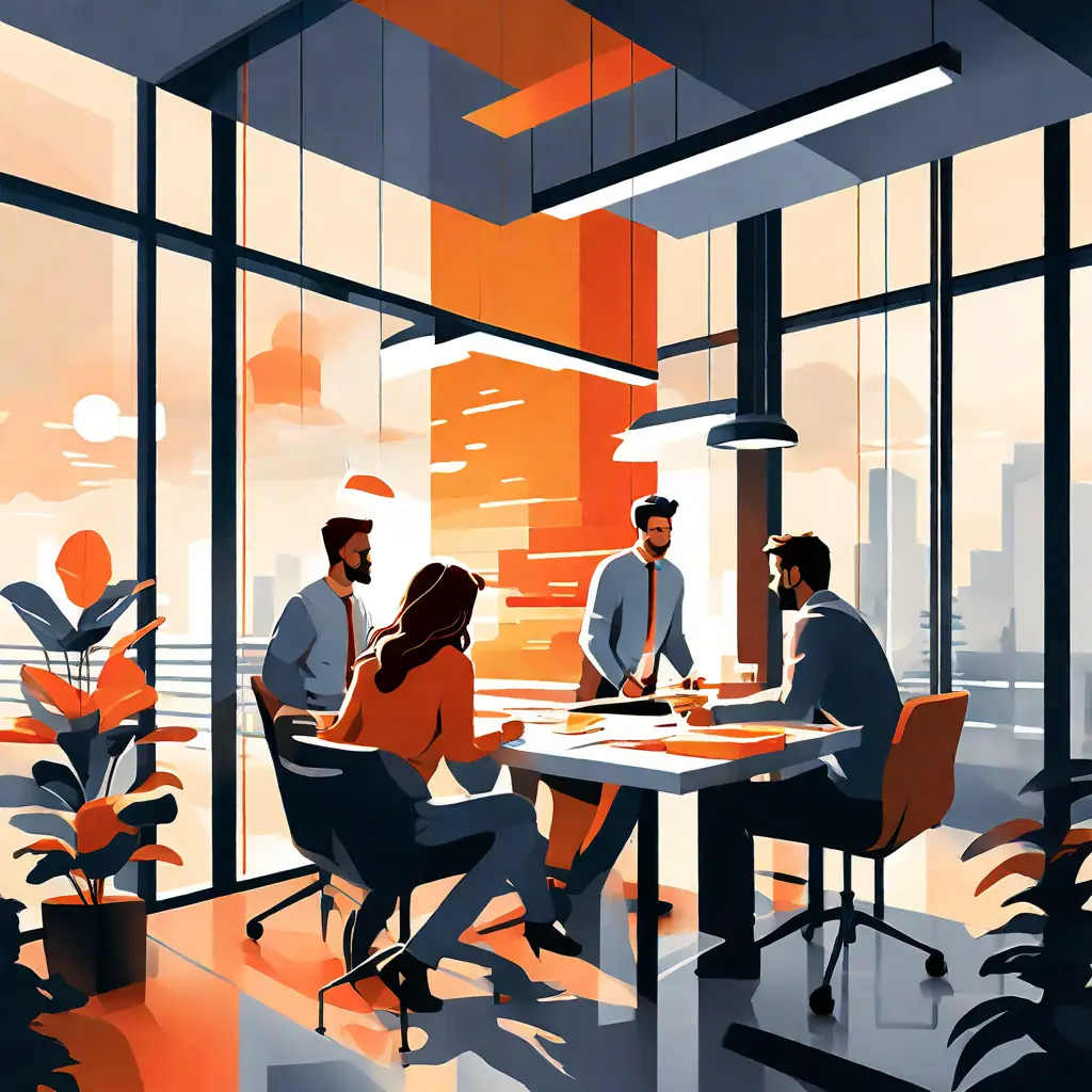 simple abstract illustration of  Employees collaborating on a project in a modern office space, warm colours