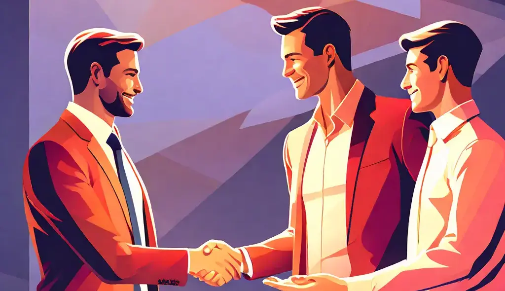 simple abstract illustration of A manager handing over a project to a team member, warm colours, nice images, simple faces simple abstract illustration of A manager handing over a project to a team member, warm colours, nice images, simple faces