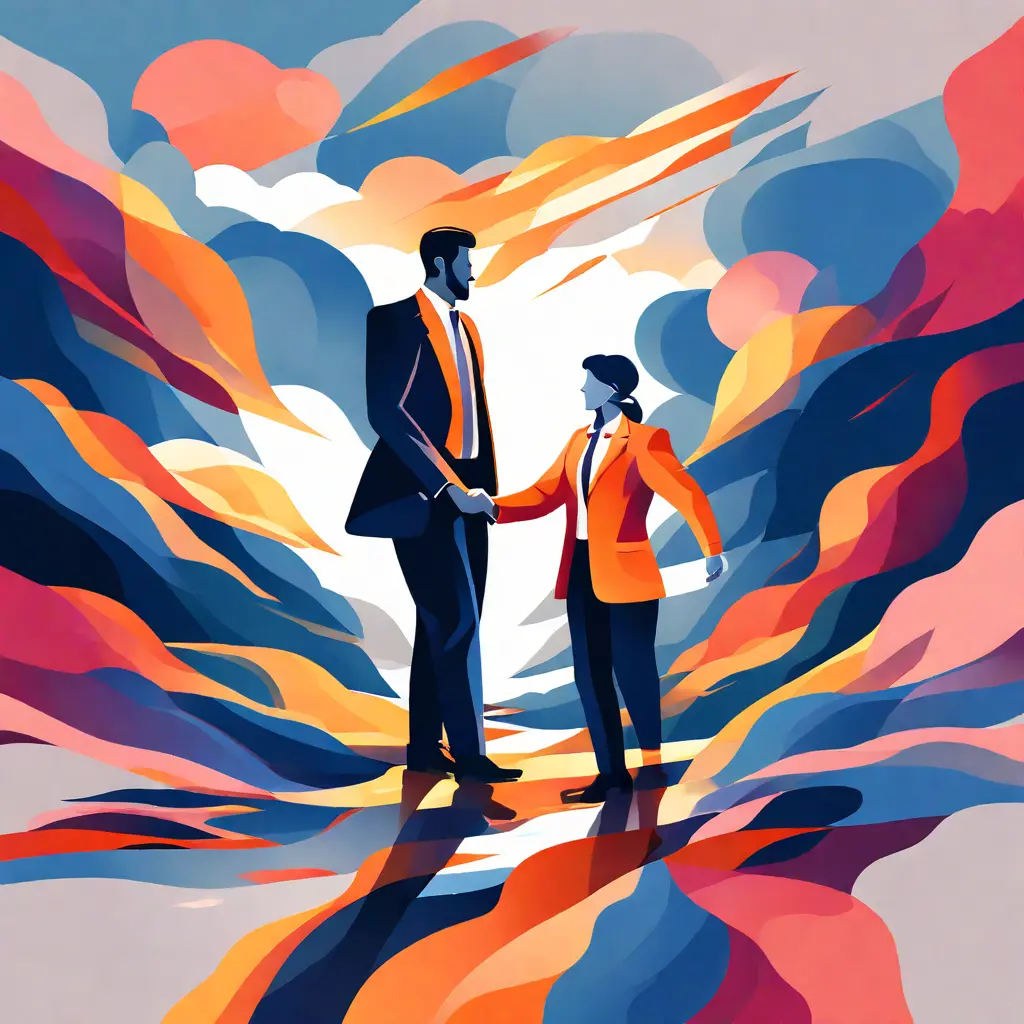 simple abstract illustration of A leader trusting a team member with important responsibilities, warm colours, nice images, simple faces simple abstract illustration of A leader trusting a team member with important responsibilities, warm colours, nice images, simple faces