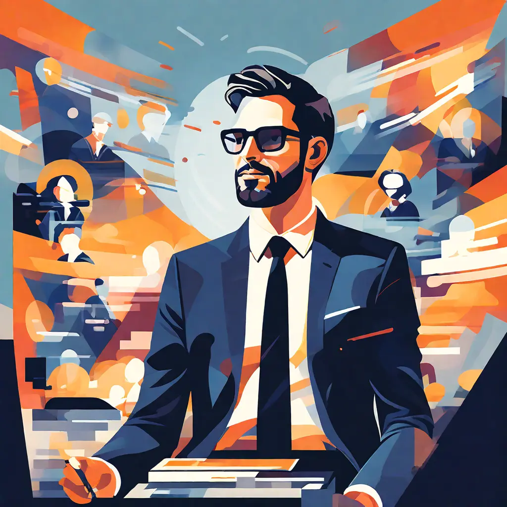 simple abstract illustration of A manager overseeing and supporting delegated tasks, warm colours, nice images, simple faces simple abstract illustration of A manager overseeing and supporting delegated tasks, warm colours, nice images, simple faces