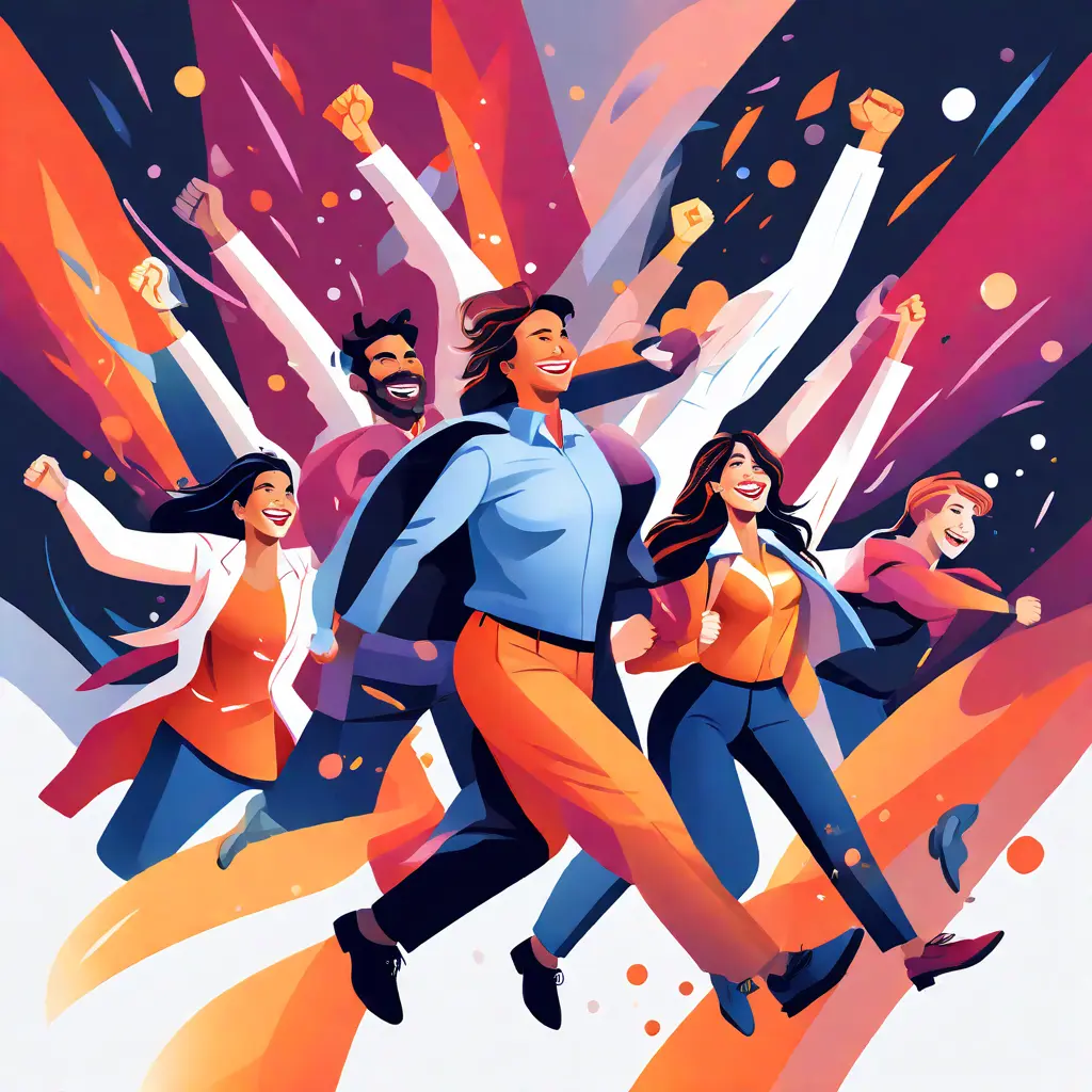 simple abstract illustration of A team celebrating the successful completion of a delegated task, warm colours, nice images, simple faces simple abstract illustration of A team celebrating the successful completion of a delegated task, warm colours, nice images, simple faces