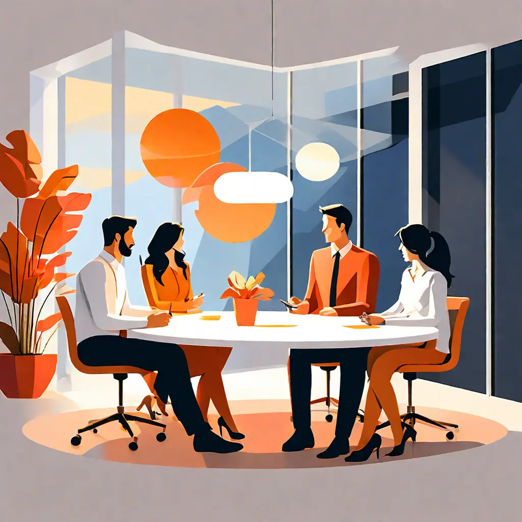 simple abstract illustration of  A group of employees collaborating in a meeting room, warm colours