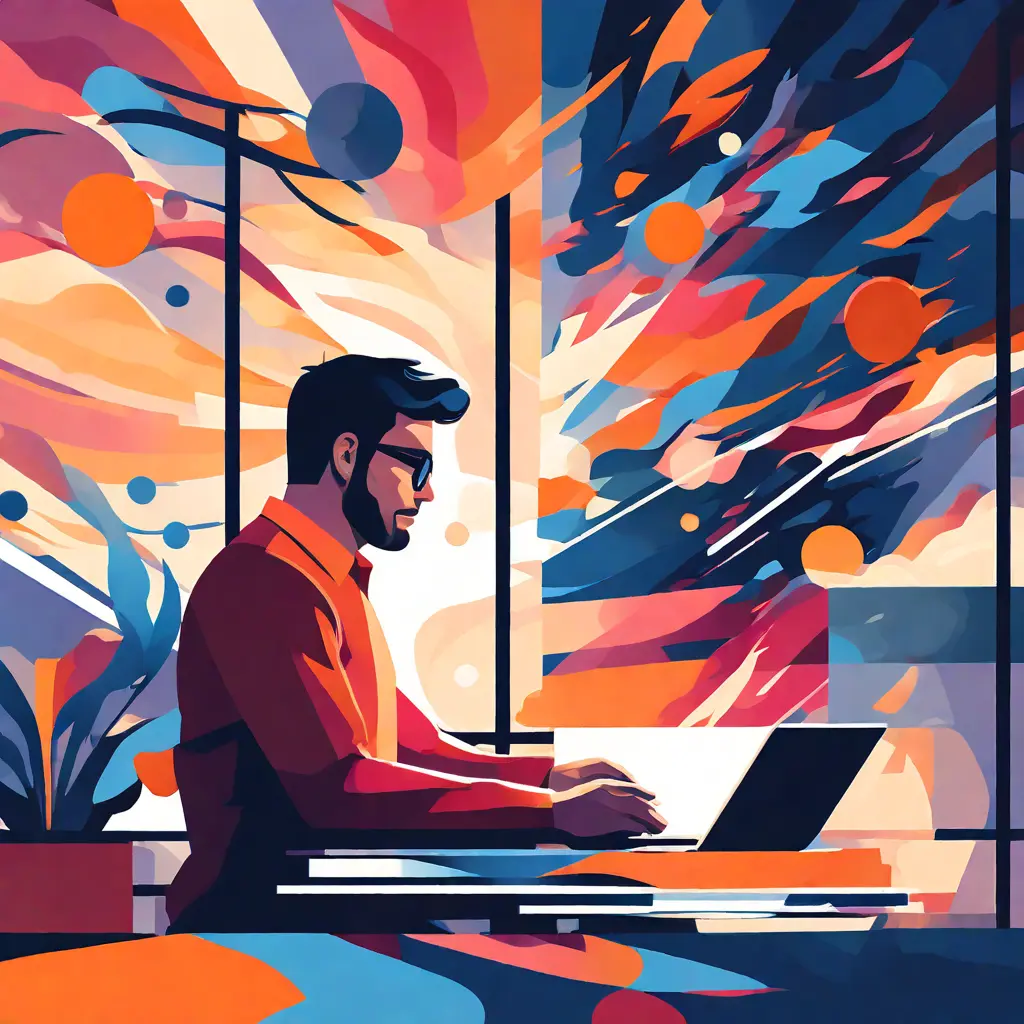 simple abstract illustration of  An employee working on a project with a sense of purpose, warm colours