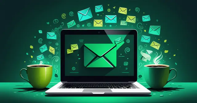 Central laptop with emails and 2 coffee cups on the side, green tone Central laptop with emails and 2 coffee cups on the side, green tone
