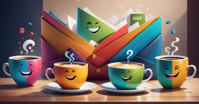 Coffee cups and emails smiling Coffee cups and emails smiling