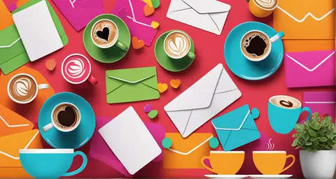 Coffee chat email: Colorful coffe cups and emails