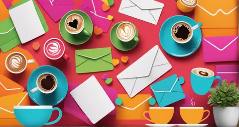 Coffee chat email: Colorful coffe cups and emails Coffee chat email: Colorful coffe cups and emails