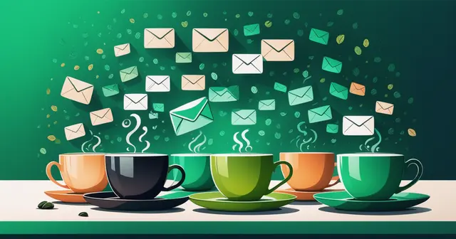 Coffee chat email| Green brackground with a lot of emails and coffee cups