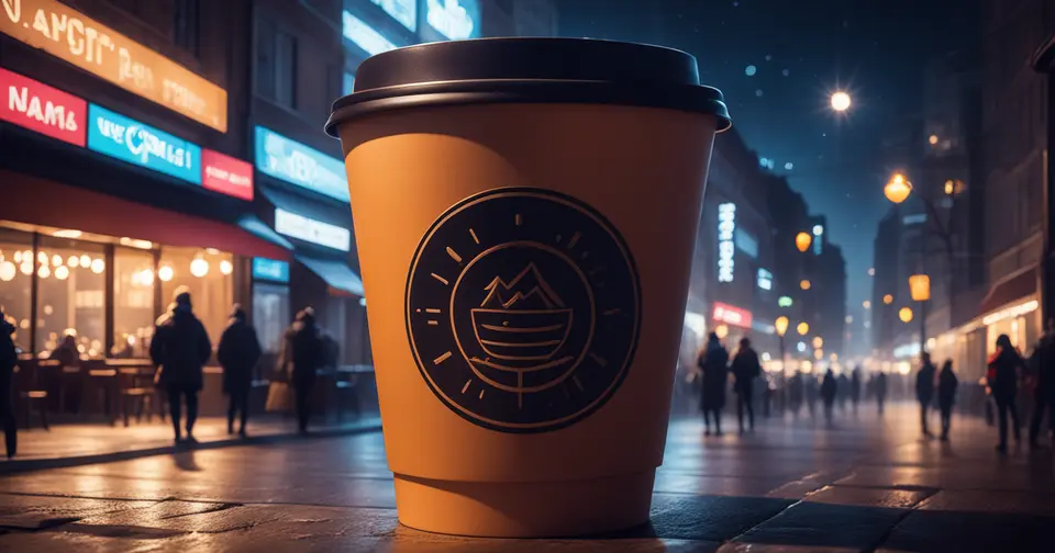 Enormous coffee cup in the middle of the street at night