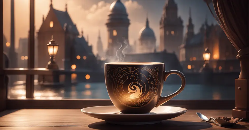 Coffee cup in a magical and epic fairy tale styled background