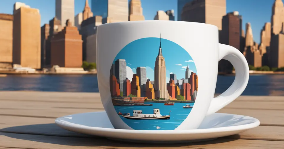 New York offee cup with New York in the background