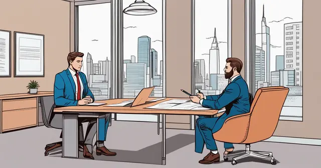 a drawing of two men having a meeting in an office