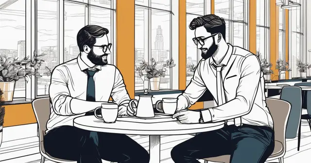 a drawing of two men sitting at a table with cups of coffee