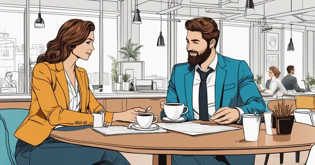 a man and a woman are sitting at a table drinking coffee