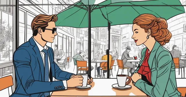 an illustration of a man and a woman sitting at a table under an umbrella
