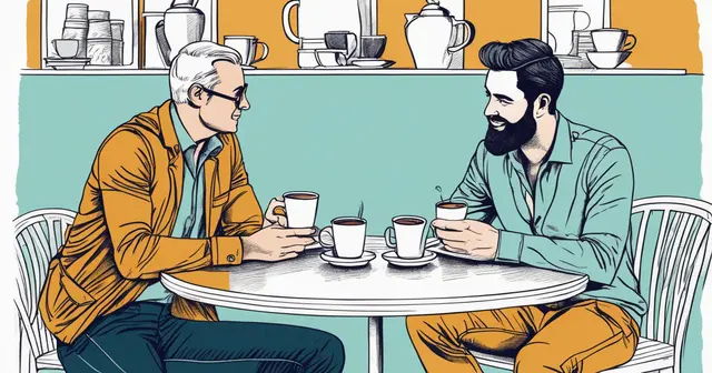 two men are sitting at a table drinking coffee