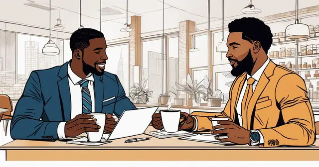 two men are sitting at a table drinking coffee and looking at papers two men are sitting at a table drinking coffee and looking at papers
