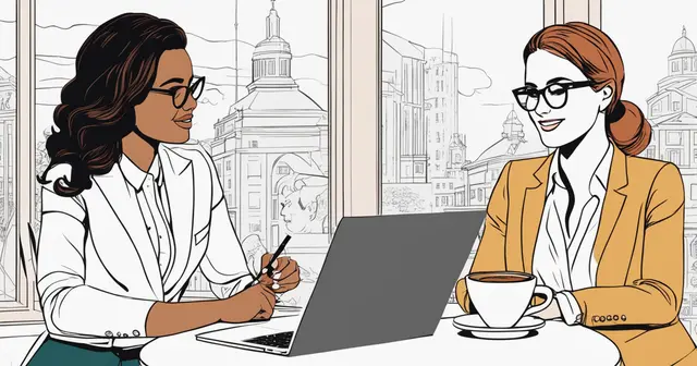 two women sit at a table with a laptop and a cup of coffee