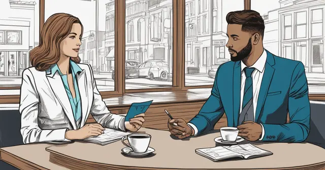 a man and a woman are sitting at a table drinking coffee