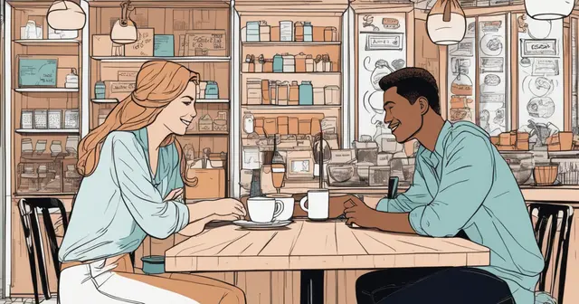a drawing of a man and woman sitting at a table with cups of coffee