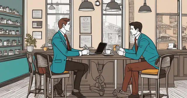 a drawing of two men sitting at a table in a cafe