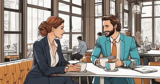 a man and a woman are sitting at a table drinking coffee