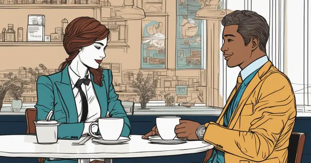 a man and a woman are sitting at a table drinking coffee