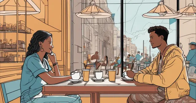 a man and a woman are sitting at a table in a restaurant