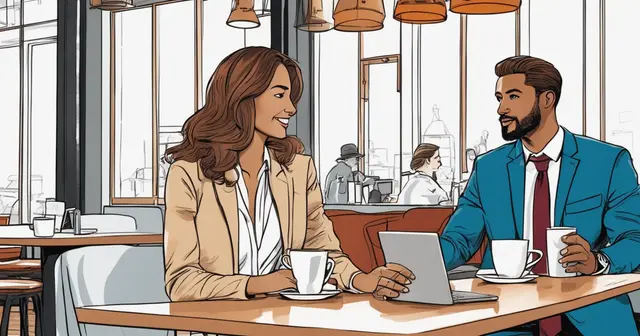 a man and a woman are sitting at a table with coffee and a laptop