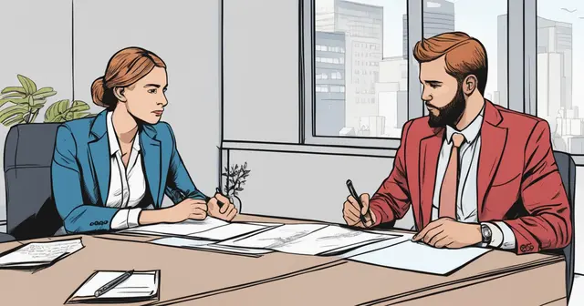 an illustration of a man and a woman sitting at a desk