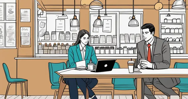 an illustration of a man and woman sitting at a table with a laptop