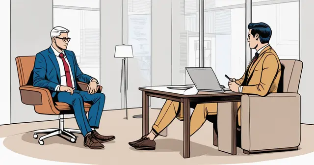 an illustration of two men sitting at a table with a laptop